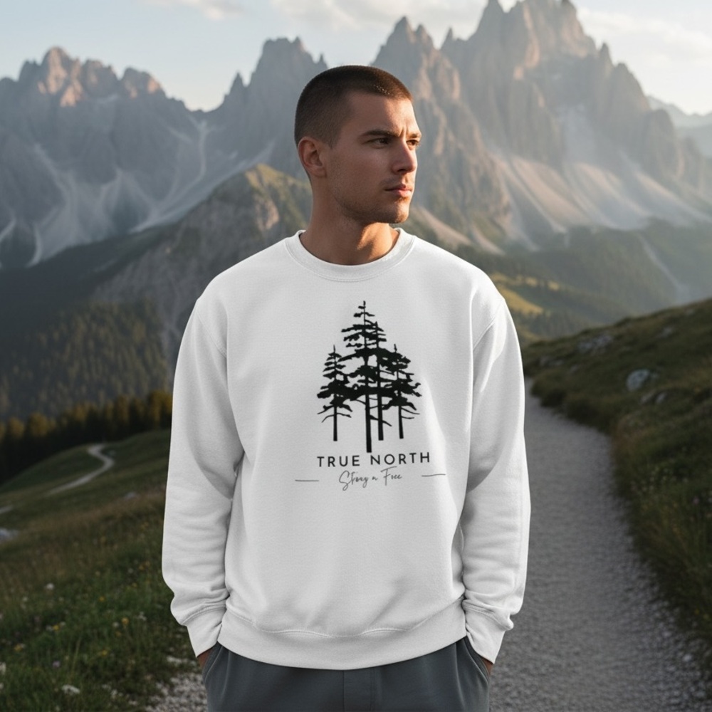 NEW Gildan White Crewneck Sweatshirt, true north strong &free, trees, sz S🇨🇦